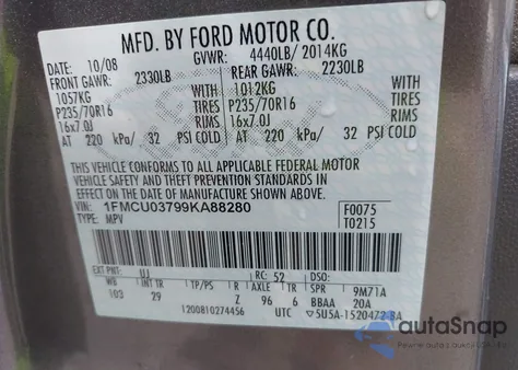 2009 Ford Escape Xlt из США, поврежденный, VIN 1FMCU03799KA88280